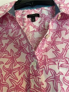 Talbots Pink Starfish Cotton Button-Up Shirt with Aqua Trim